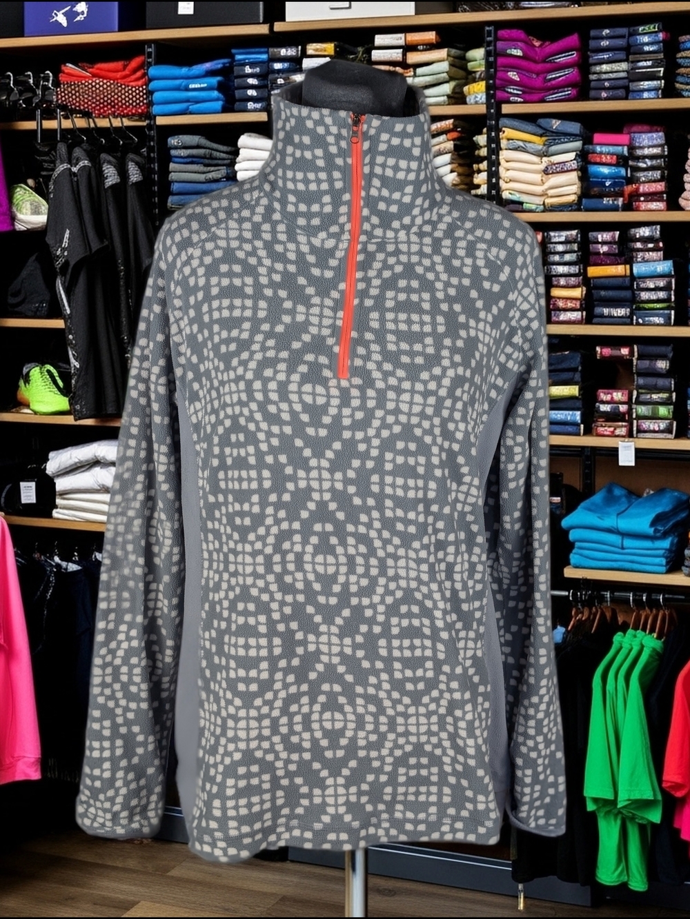 Columbia 1/4 Zip Fleece Pullover Top sweater Women's L Geometric Gray white